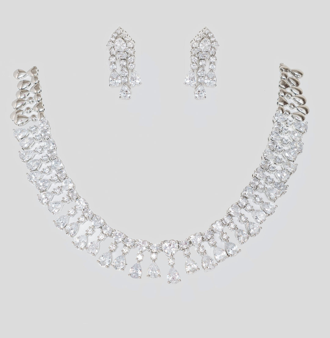White Finish Drop Diamond Necklace Set Zevar By Geeta - Fabilicious Fashion