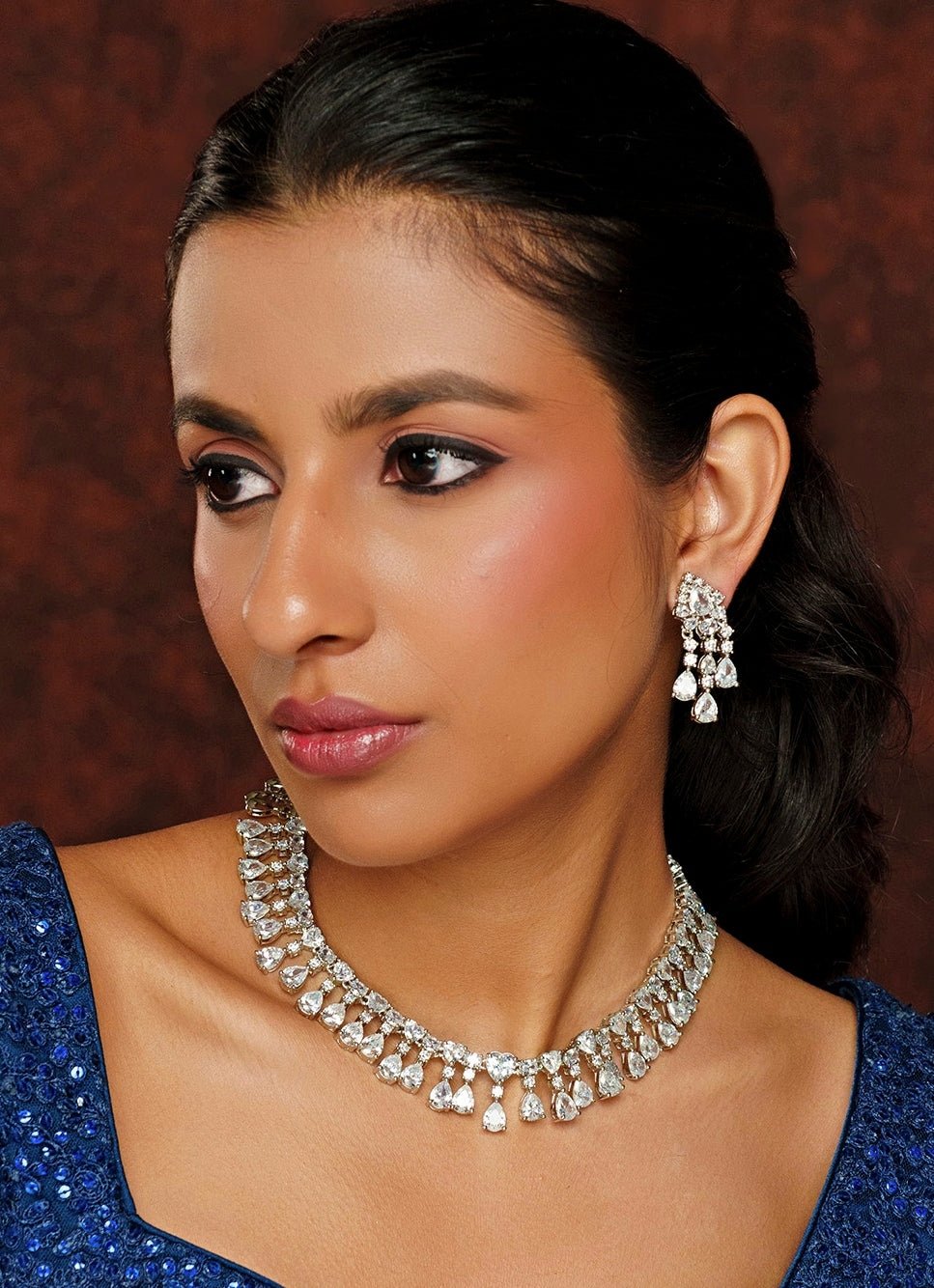 White Finish Drop Diamond Necklace Set Zevar By Geeta - Fabilicious Fashion
