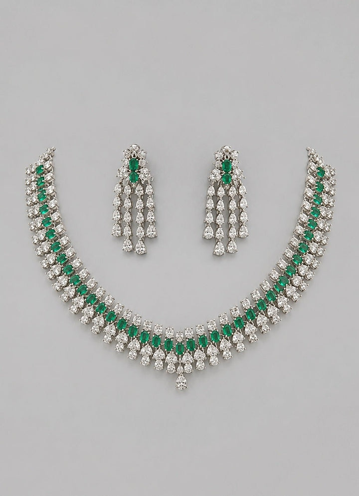 Zevar by Geeta White Finish Emerald And Diamond Necklace SetFabilicious Fashion