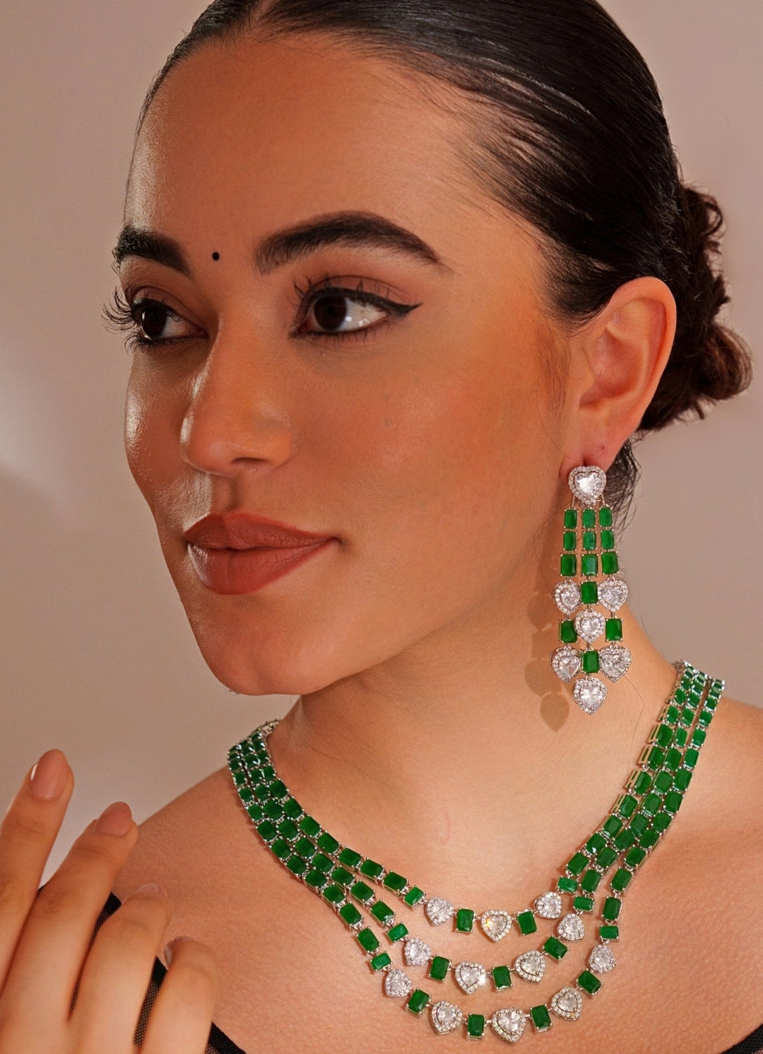 White Finish Emerald Cut 3 Layered Diamond Necklace Set Zevar by Geeta - Fabilicious Fashion
