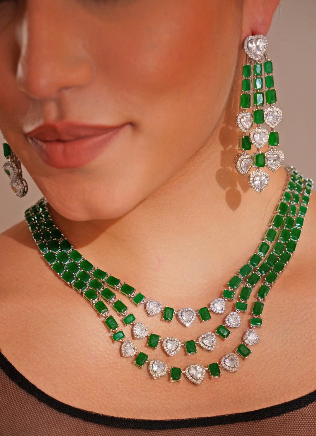 White Finish Emerald Cut 3 Layered Diamond Necklace Set Zevar by Geeta - Fabilicious Fashion