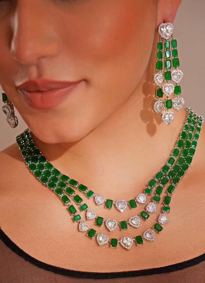 White Finish Emerald Cut 3 Layered Diamond Necklace Set Zevar by Geeta - Fabilicious Fashion