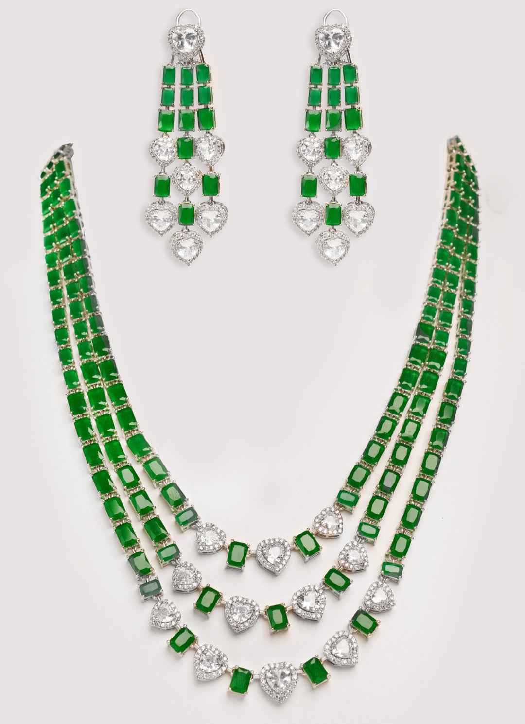 White Finish Emerald Cut 3 Layered Diamond Necklace Set Zevar by Geeta - Fabilicious Fashion