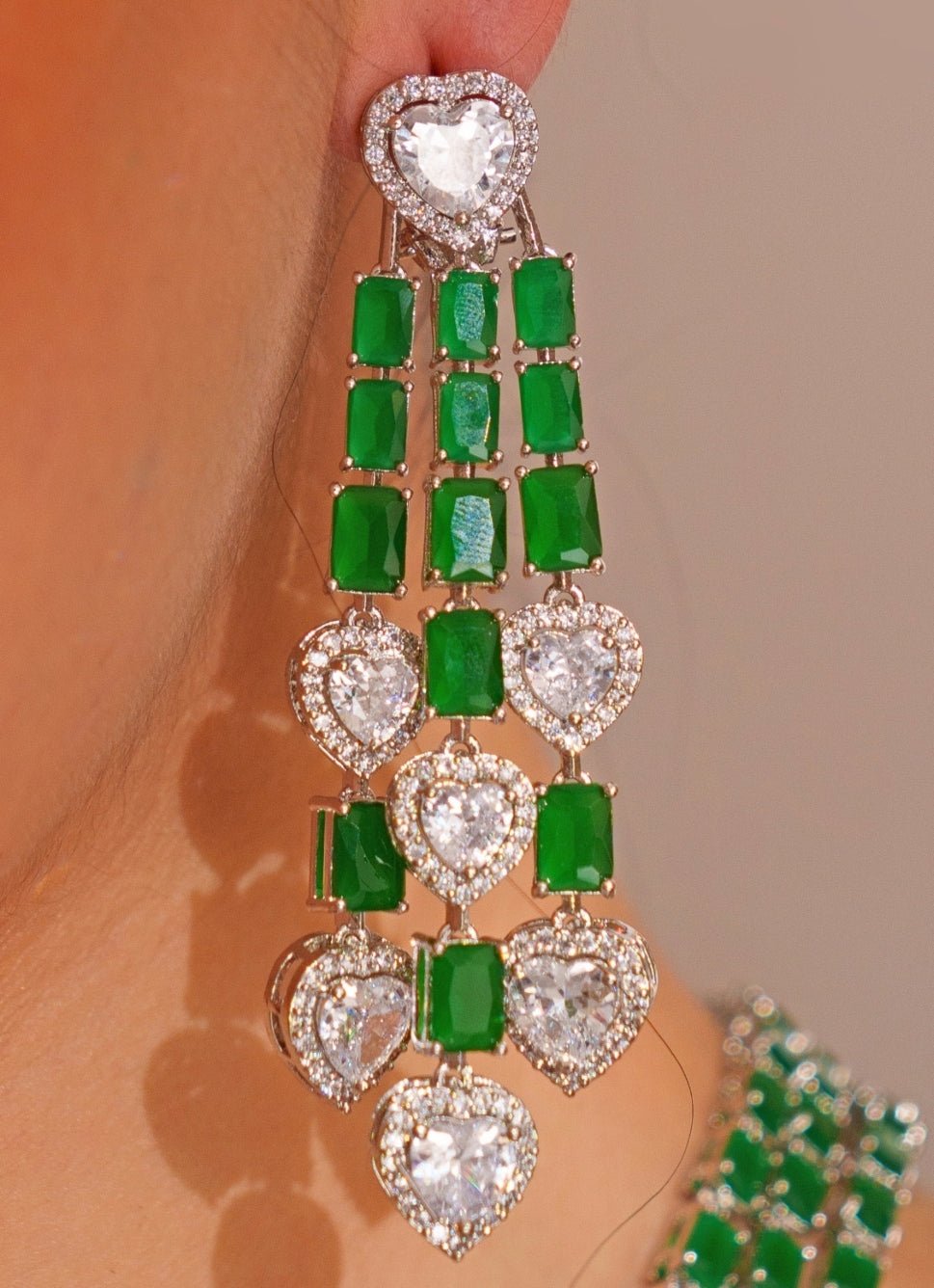 White Finish Emerald Cut 3 Layered Diamond Necklace Set Zevar by Geeta - Fabilicious Fashion