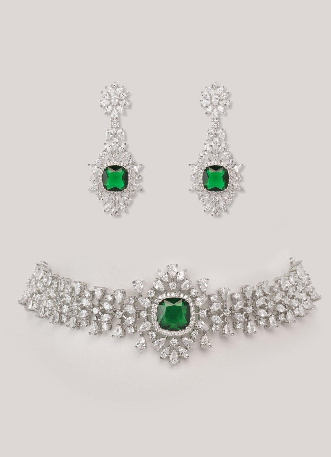White Finish Emerald Green And Diamond Studded Choker Set Zevar by Geeta - Fabilicious Fashion