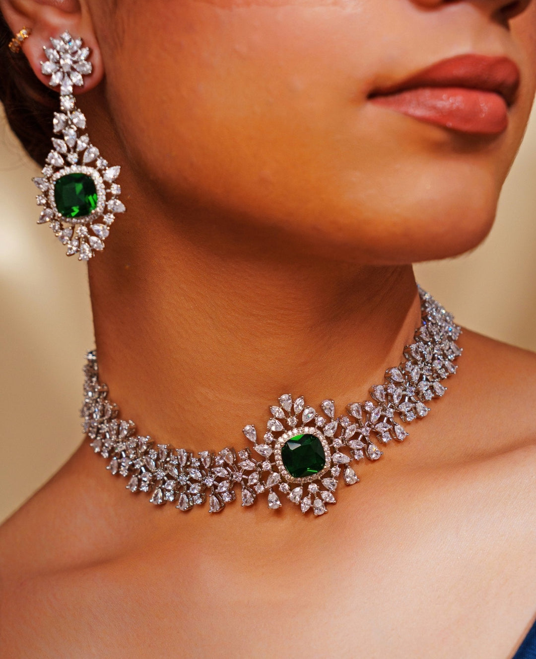 White Finish Emerald Green And Diamond Studded Choker Set Zevar by Geeta - Fabilicious Fashion