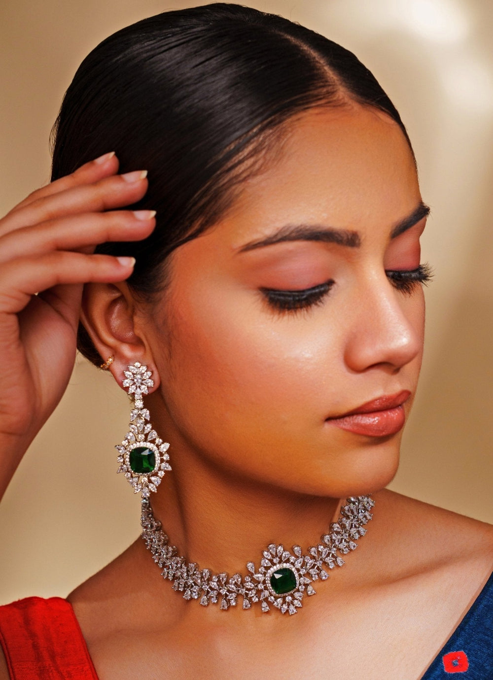 White Finish Emerald Green And Diamond Studded Choker Set Zevar by Geeta - Fabilicious Fashion