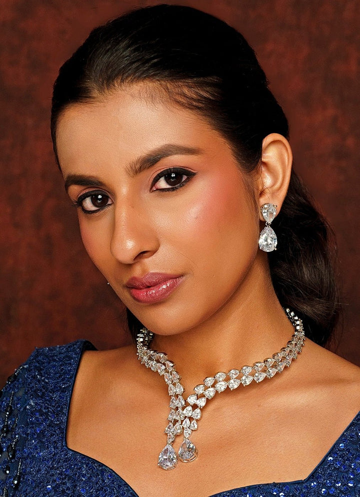 White Finish Faux Diamond Necklace Set With Drop Pendant Zevar By Geeta - Fabilicious Fashion