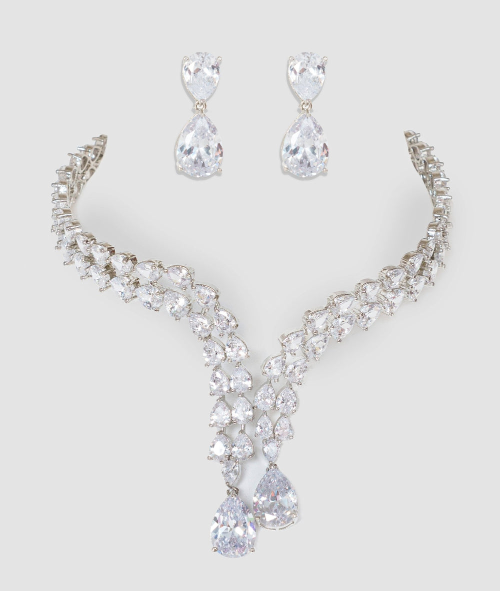 White Finish Faux Diamond Necklace Set With Drop Pendant Zevar By Geeta - Fabilicious Fashion