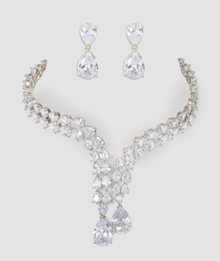 White Finish Faux Diamond Necklace Set With Drop Pendant Zevar By Geeta Fabilicious Fashion