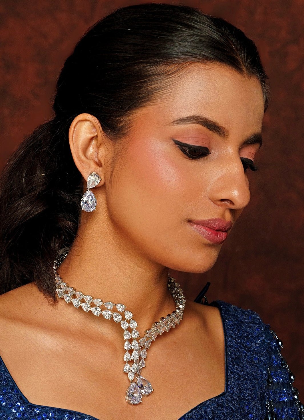 White Finish Faux Diamond Necklace Set With Drop Pendant Zevar By Geeta - Fabilicious Fashion