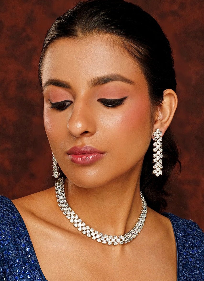 White Finish Faux Diamond Necklace Set Zevar By Geeta - Fabilicious Fashion