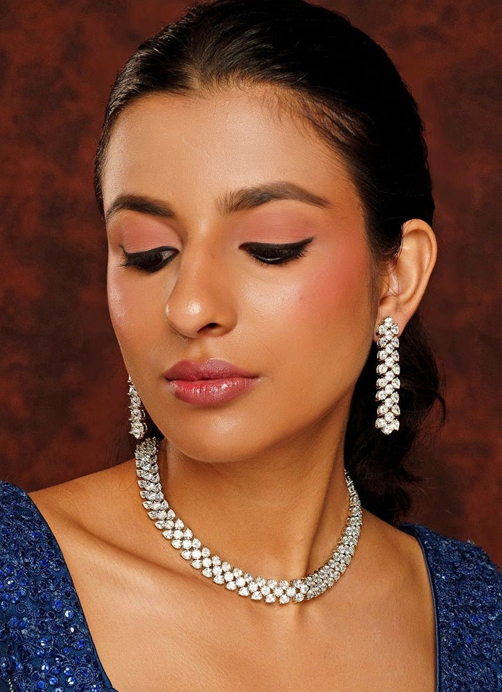 White Finish Faux Diamond Necklace Set Zevar By Geeta - Fabilicious Fashion