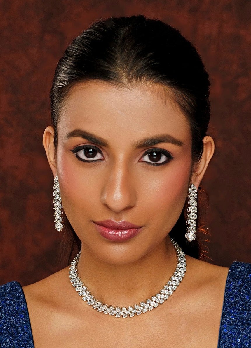 White Finish Faux Diamond Necklace Set Zevar By Geeta - Fabilicious Fashion