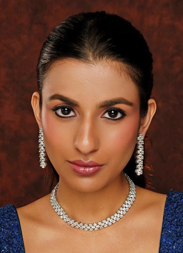 White Finish Faux Diamond Necklace Set Zevar By Geeta - Fabilicious Fashion