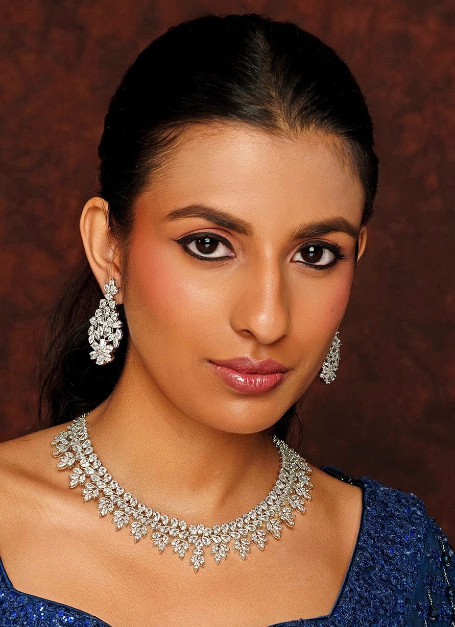 White Finish Floral Diamond Necklace Set Zevar By Geeta - Fabilicious Fashion