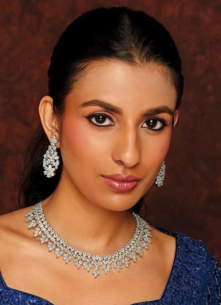White Finish Floral Diamond Necklace Set Zevar By Geeta - Fabilicious Fashion