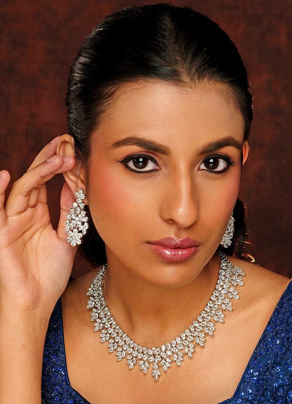 White Finish Floral Diamond Necklace Set Zevar By Geeta - Fabilicious Fashion