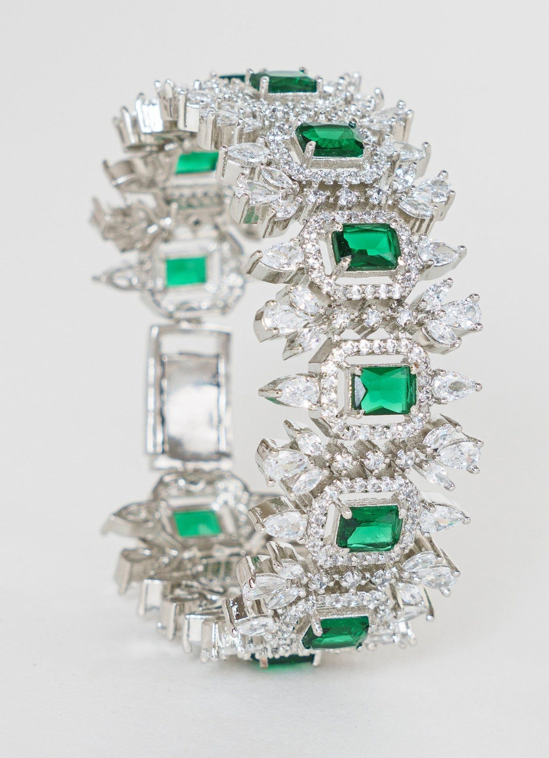 White Finish Green Stone Faux Diamond Bracelet Zevar By Geeta - Fabilicious Fashion