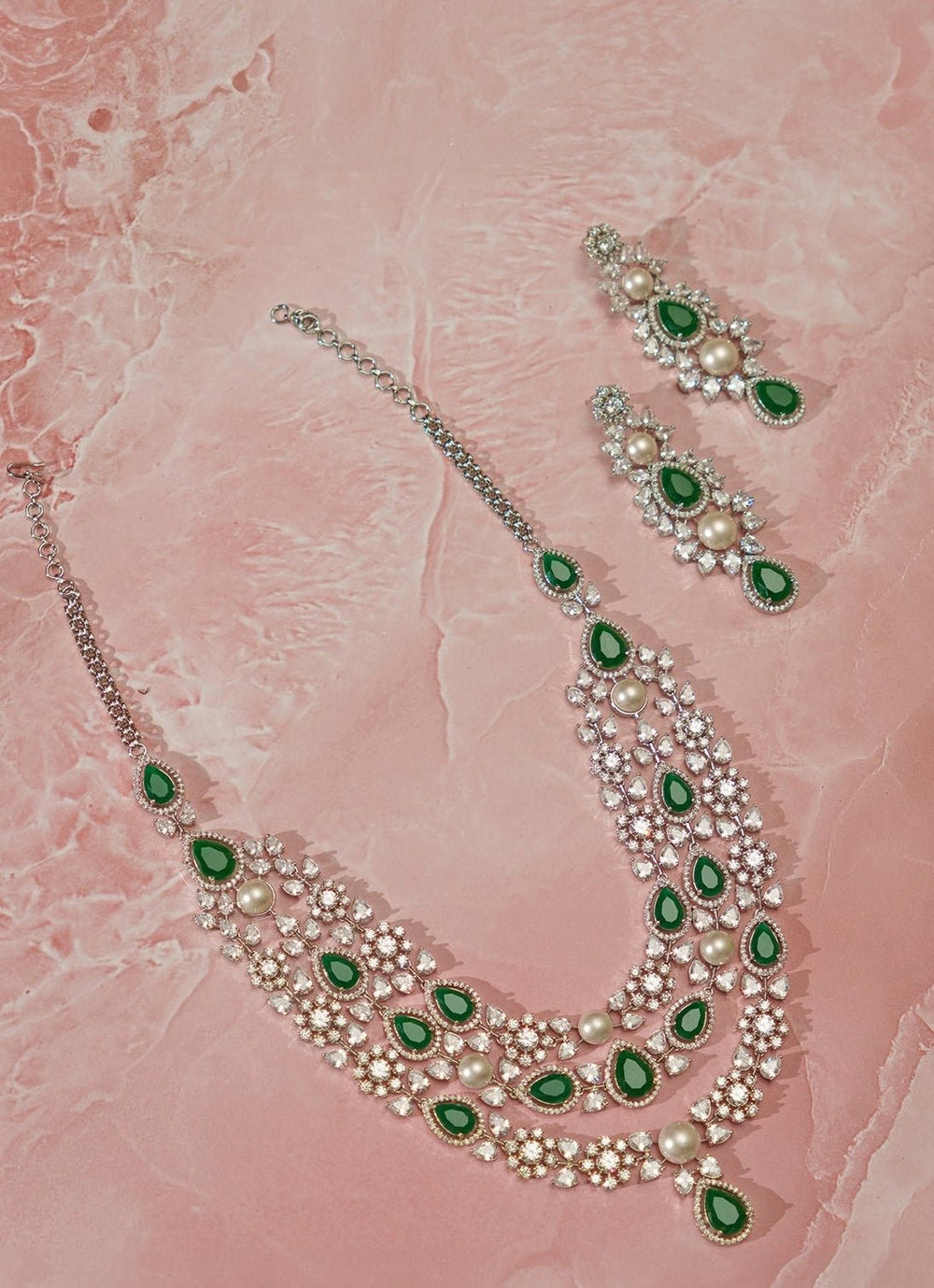 White Finish Layered Diamond And Green Stone Necklace Set Zevar By Geeta - Fabilicious Fashion