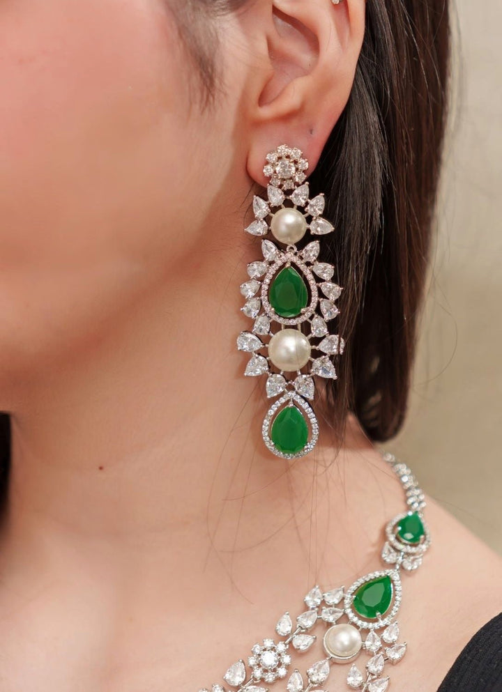 White Finish Layered Diamond And Green Stone Necklace Set Zevar By Geeta - Fabilicious Fashion