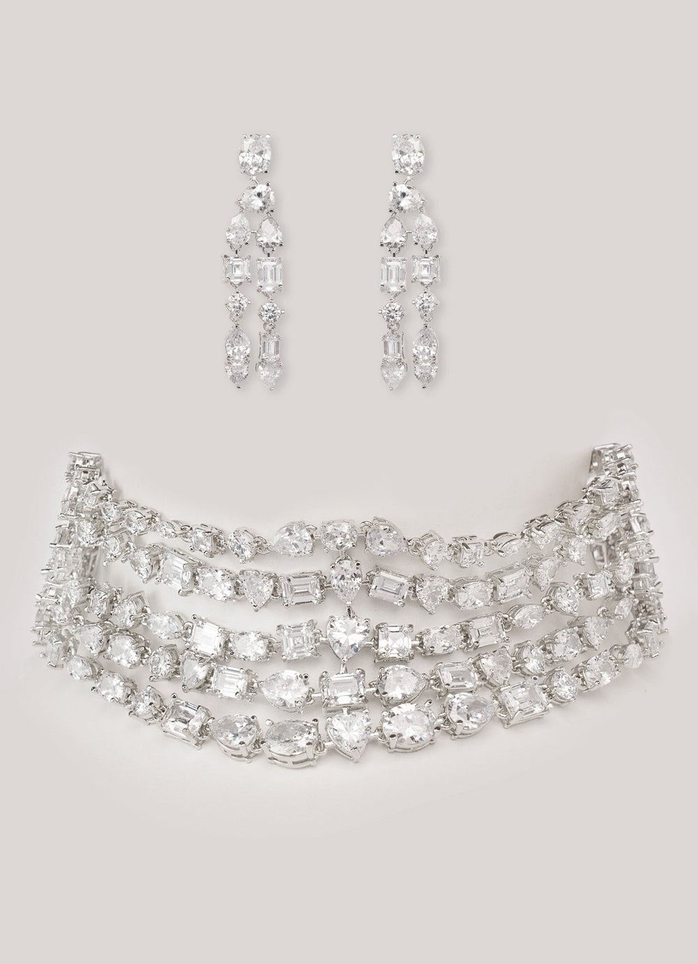 White Finish Layered Diamond Choker Necklace Set Zevar by Geeta - Fabilicious Fashion