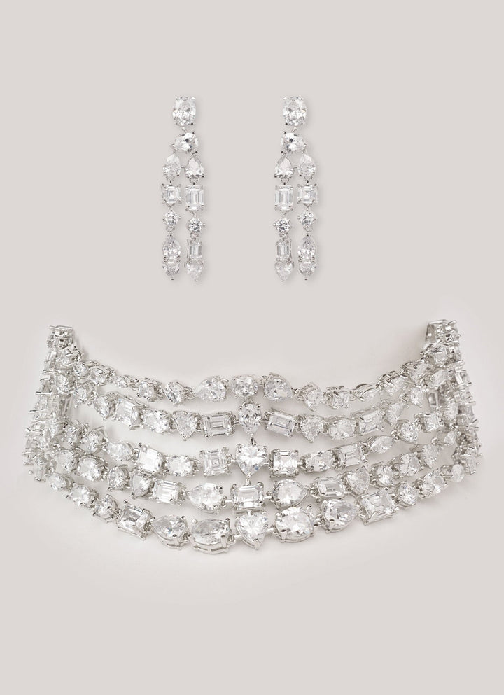 White Finish Layered Diamond Choker Necklace Set Zevar by Geeta - Fabilicious Fashion