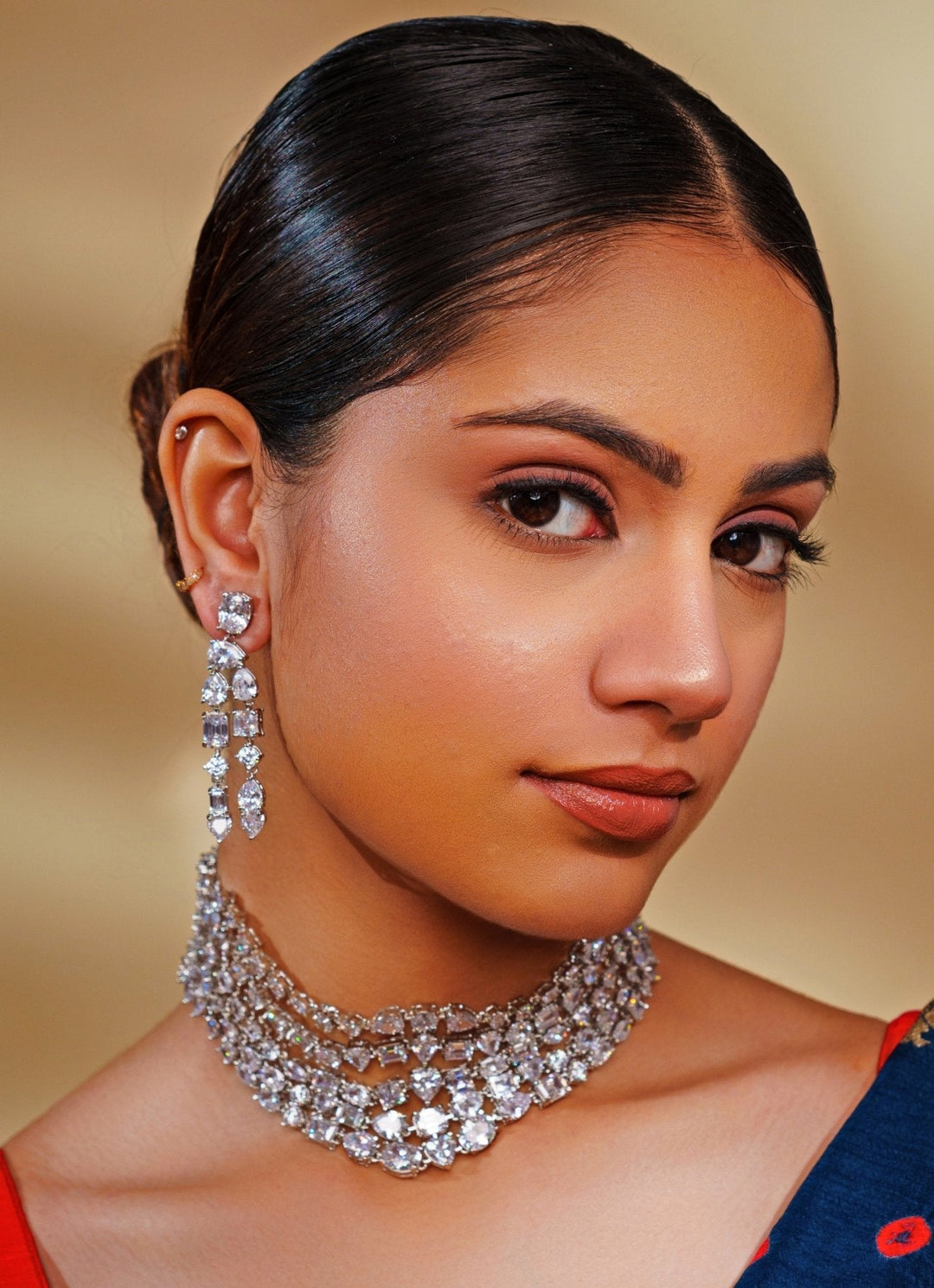 White Finish Layered Diamond Choker Necklace Set Zevar by Geeta - Fabilicious Fashion