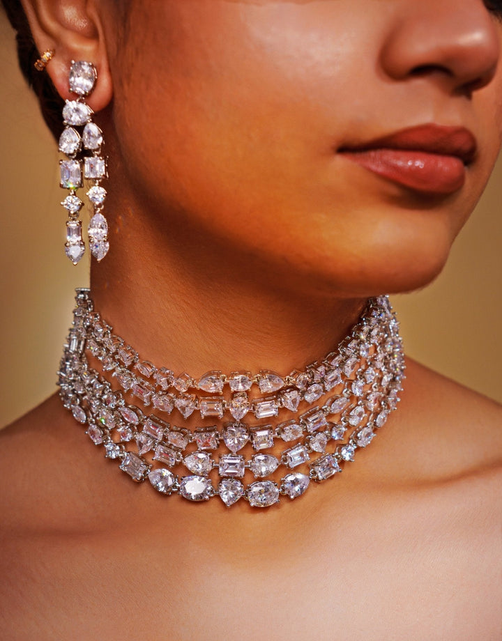 White Finish Layered Diamond Choker Necklace Set Zevar by Geeta - Fabilicious Fashion