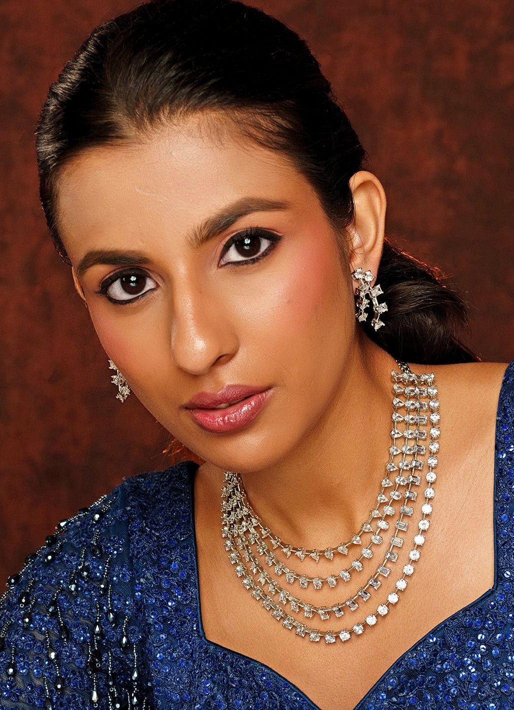 White Finish Layered Diamond Necklace Set Zevar By Geeta - Fabilicious Fashion