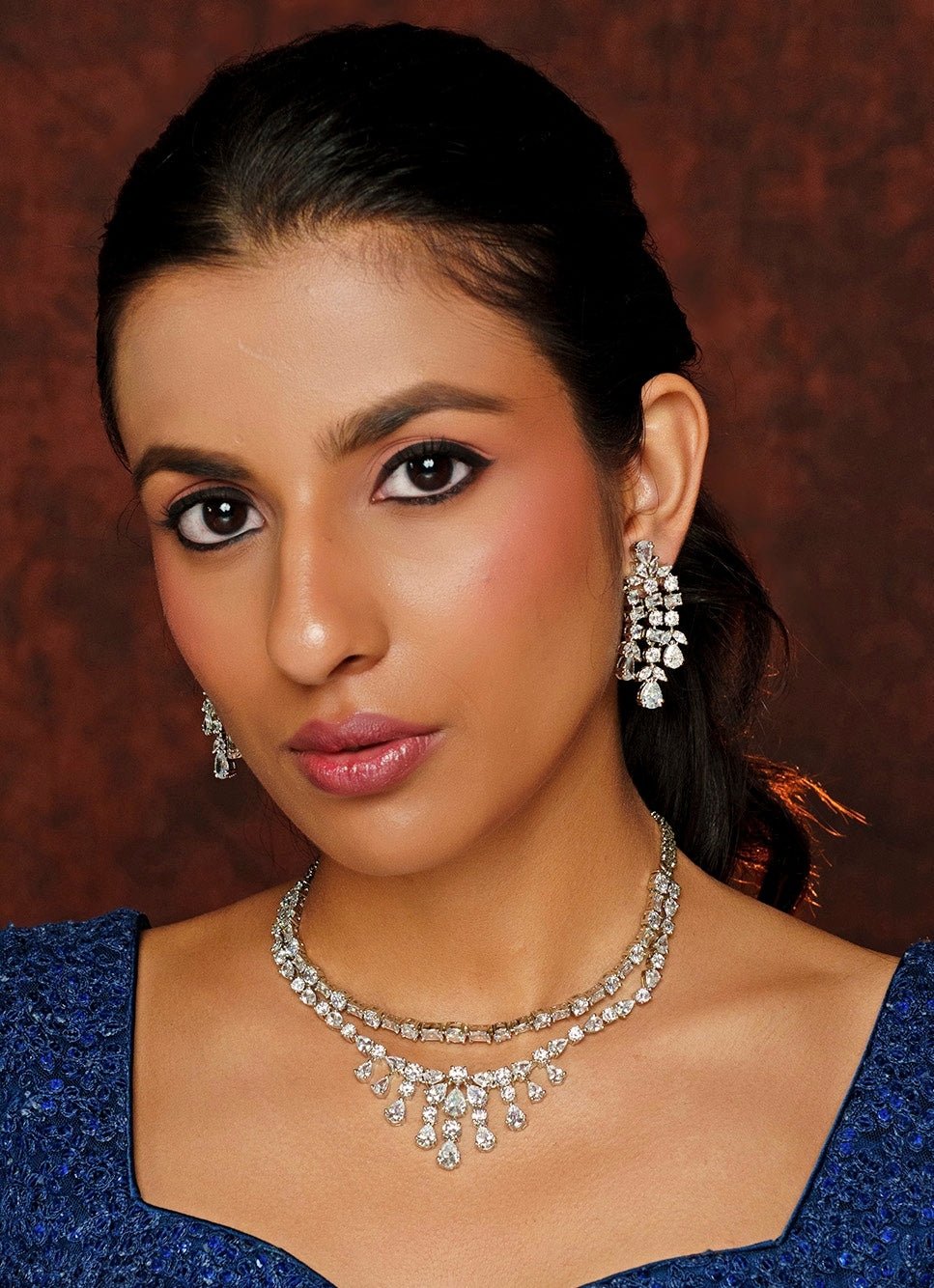 White Finish Layered Diamond Necklace Set Zevar By Geeta - Fabilicious Fashion