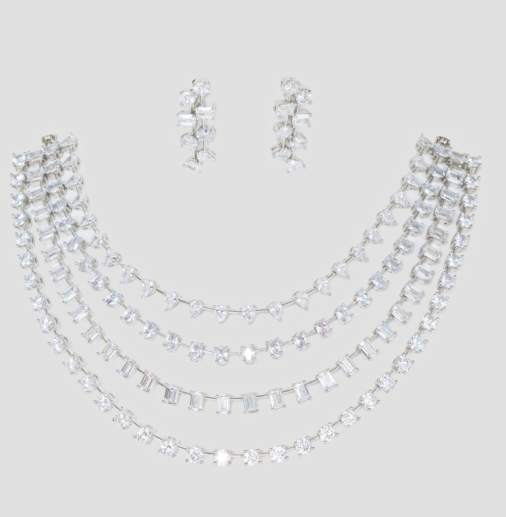 White Finish Layered Diamond Necklace Set Zevar By Geeta - Fabilicious Fashion