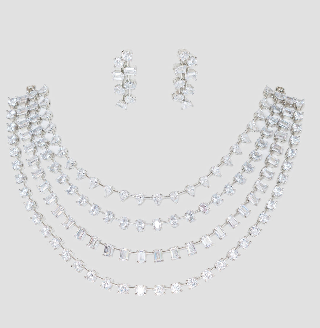 White Finish Layered Diamond Necklace Set Zevar By Geeta - Fabilicious Fashion