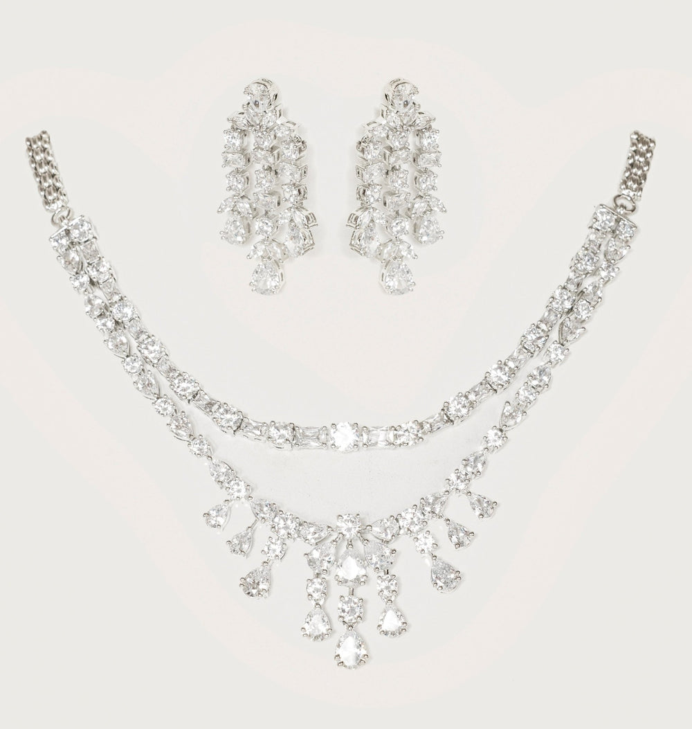 White Finish Layered Diamond Necklace Set Zevar By Geeta - Fabilicious Fashion