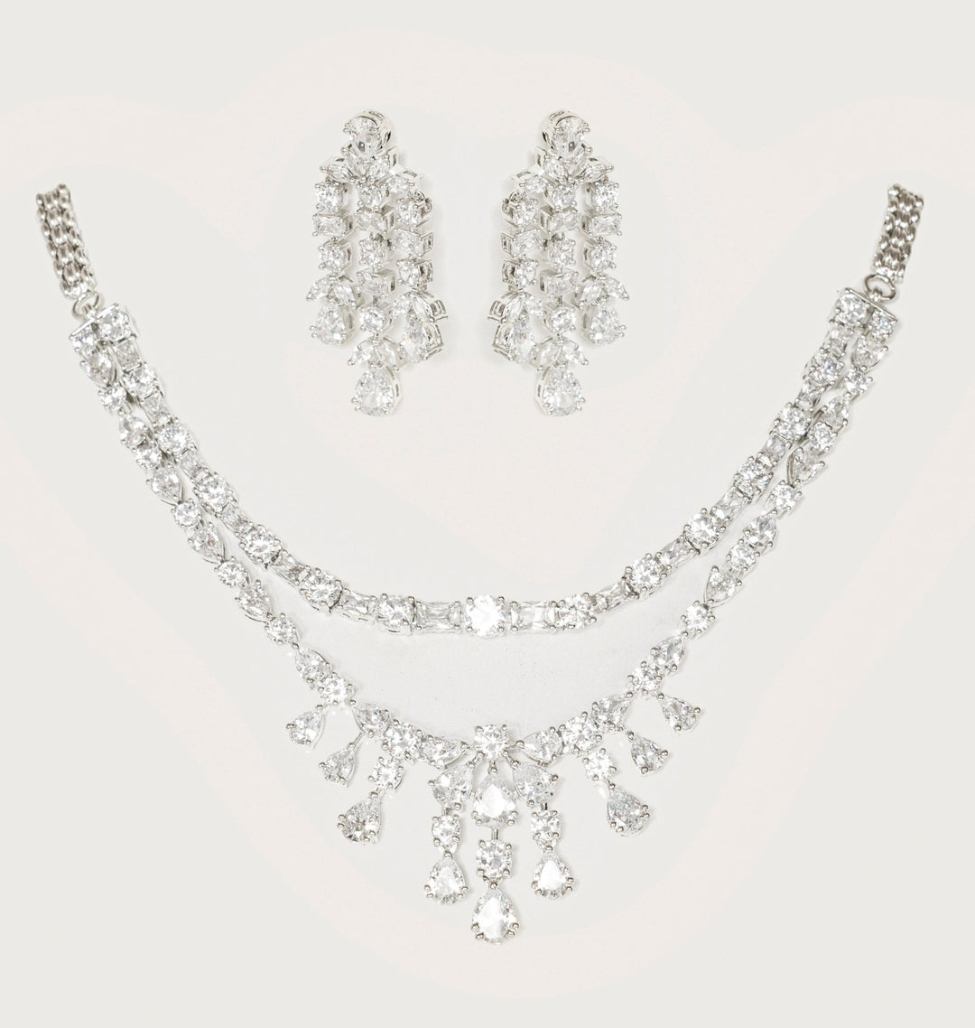 White Finish Layered Diamond Necklace Set Zevar By Geeta - Fabilicious Fashion