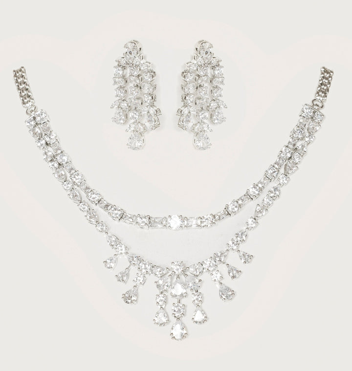 White Finish Layered Diamond Necklace Set Zevar By Geeta - Fabilicious Fashion