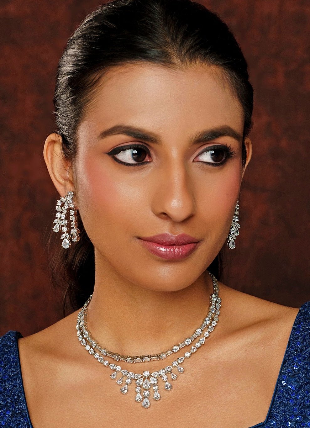 White Finish Layered Diamond Necklace Set Zevar By Geeta - Fabilicious Fashion
