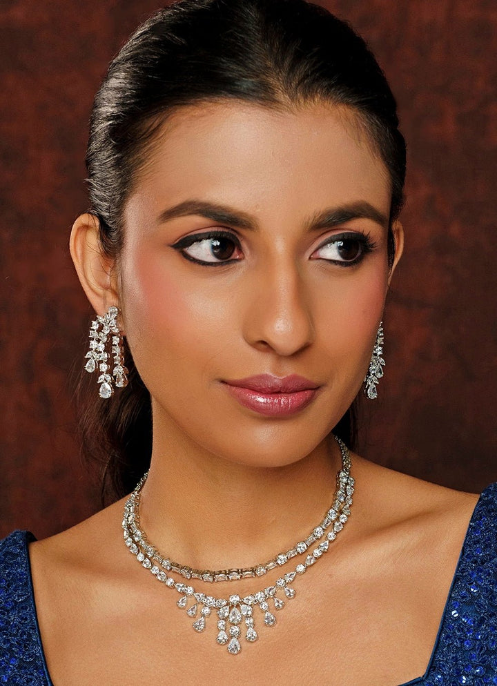 White Finish Layered Diamond Necklace Set Zevar By Geeta - Fabilicious Fashion