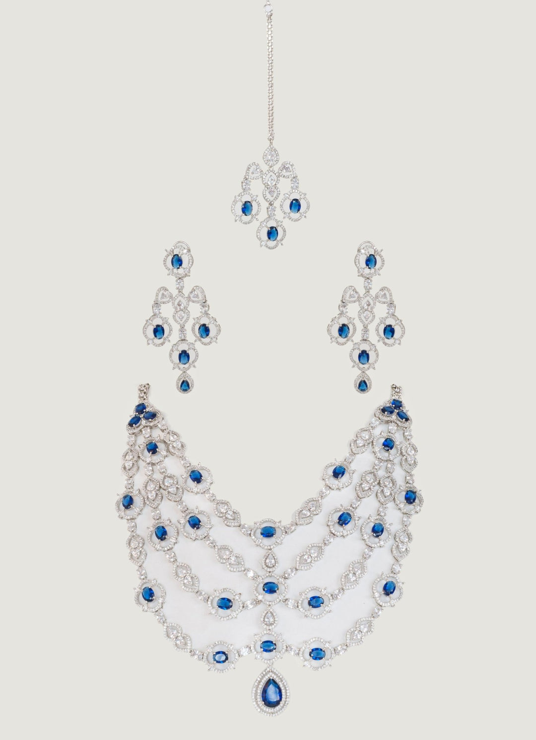 White Finish Long Layered Diamond And Blue Stone Necklace Set Zevar By Geeta - Fabilicious Fashion