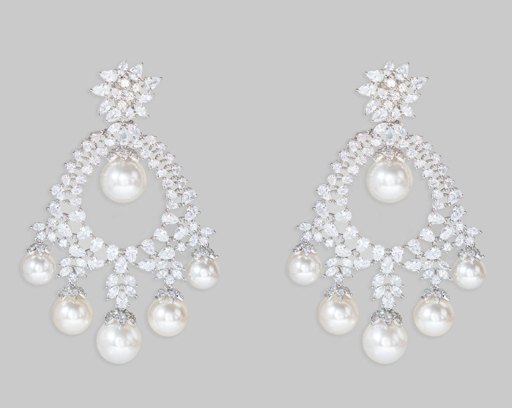 White Finish Pearl Diamond Dangler Earrings Zevar By Geeta - Fabilicious Fashion