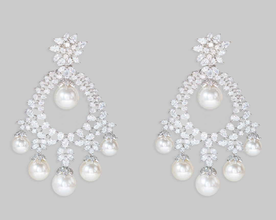 White Finish Pearl Diamond Dangler Earrings Zevar By Geeta - Fabilicious Fashion