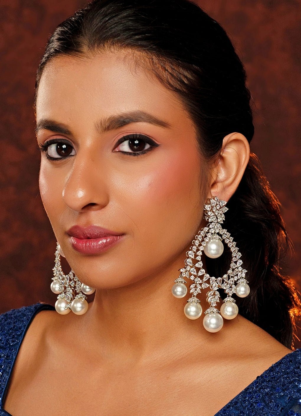 White Finish Pearl Diamond Dangler Earrings Zevar By Geeta - Fabilicious Fashion
