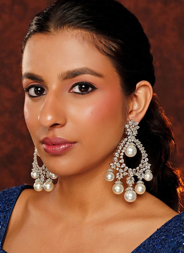 White Finish Pearl Diamond Dangler Earrings Zevar By Geeta - Fabilicious Fashion