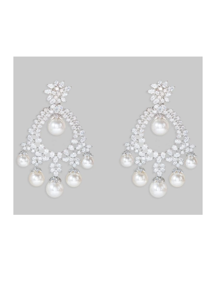 White Finish Pearl Diamond Dangler Earrings Zevar by Geeta - Fabilicious Fashion