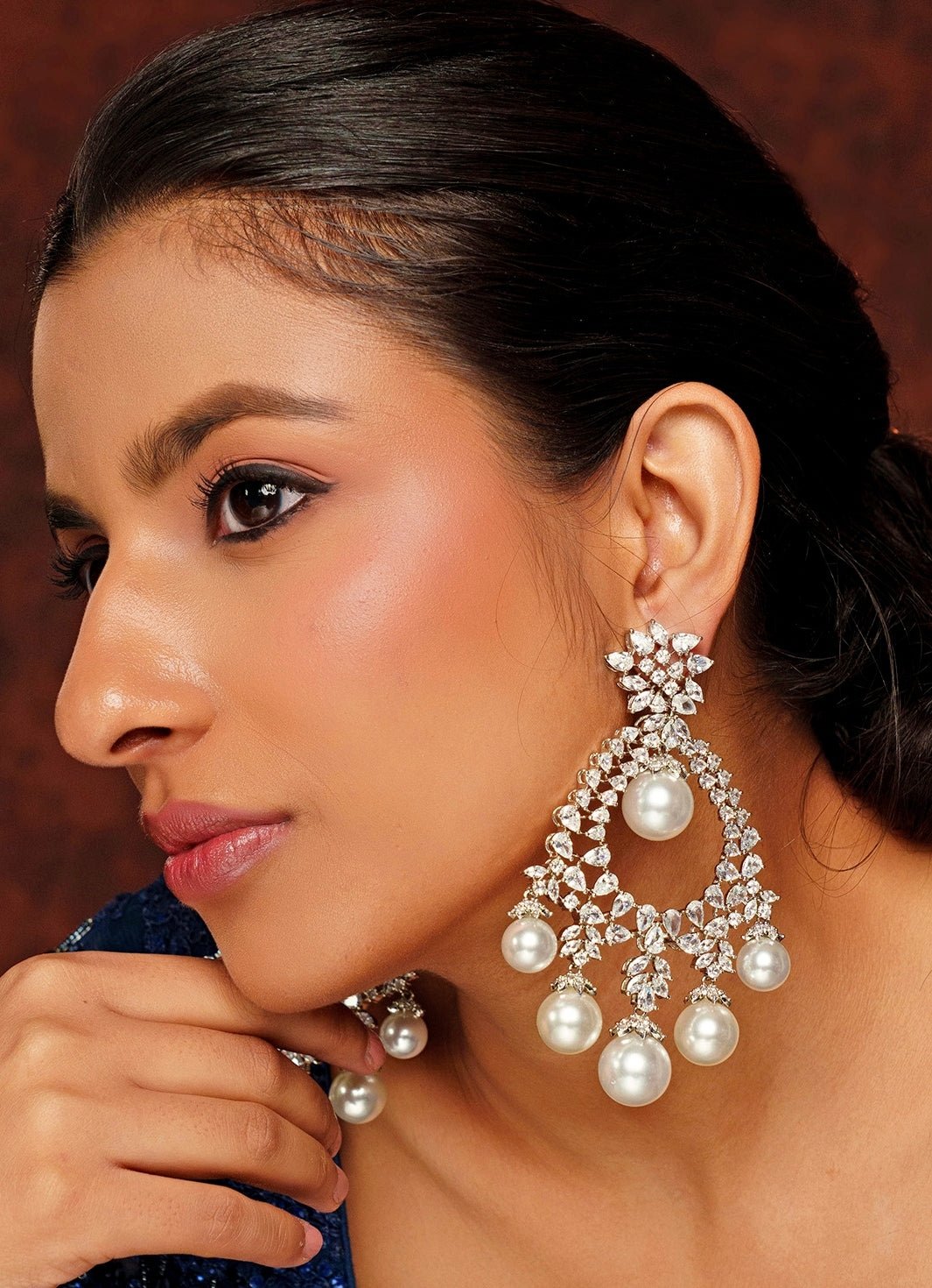 White Finish Pearl Diamond Dangler Earrings Zevar By Geeta - Fabilicious Fashion