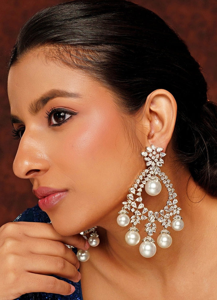 White Finish Pearl Diamond Dangler Earrings Zevar By Geeta - Fabilicious Fashion