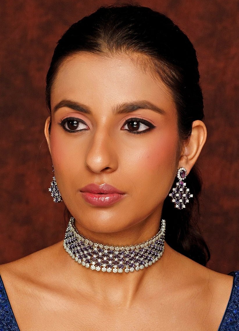 White Finish Purple Choker Set Zevar By Geeta - Fabilicious Fashion