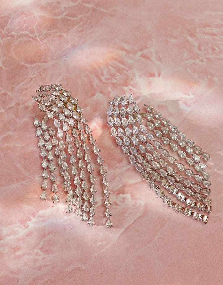 White Finish String Dangler Faux Diamond Earrings Zevar By Geeta - Fabilicious Fashion