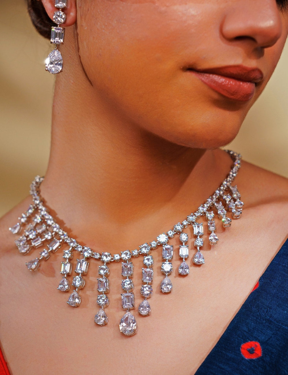White Finish Teardrop Diamond Necklace Set Zevar by Geeta - Fabilicious Fashion