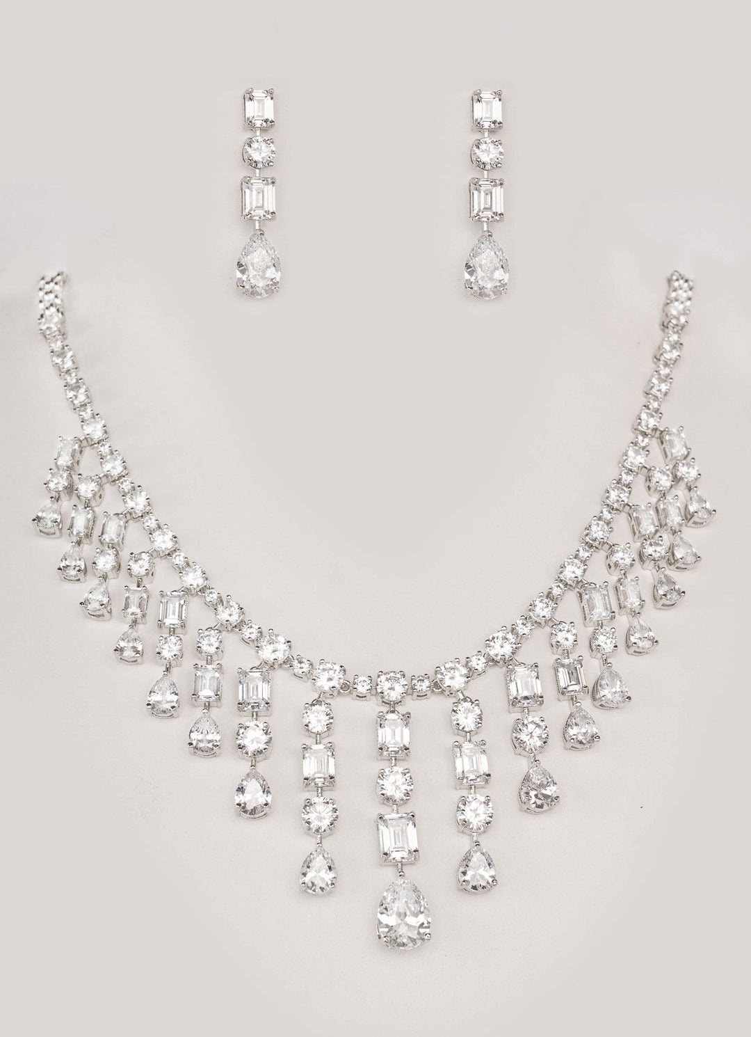 White Finish Teardrop Diamond Necklace Set Zevar by Geeta - Fabilicious Fashion